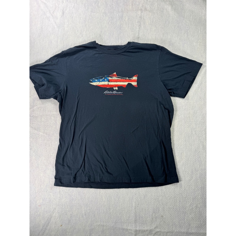 Eddie Bauer Mens Large Navy Blue American Flag Fish Graphic T-Shirt Short Sleeve